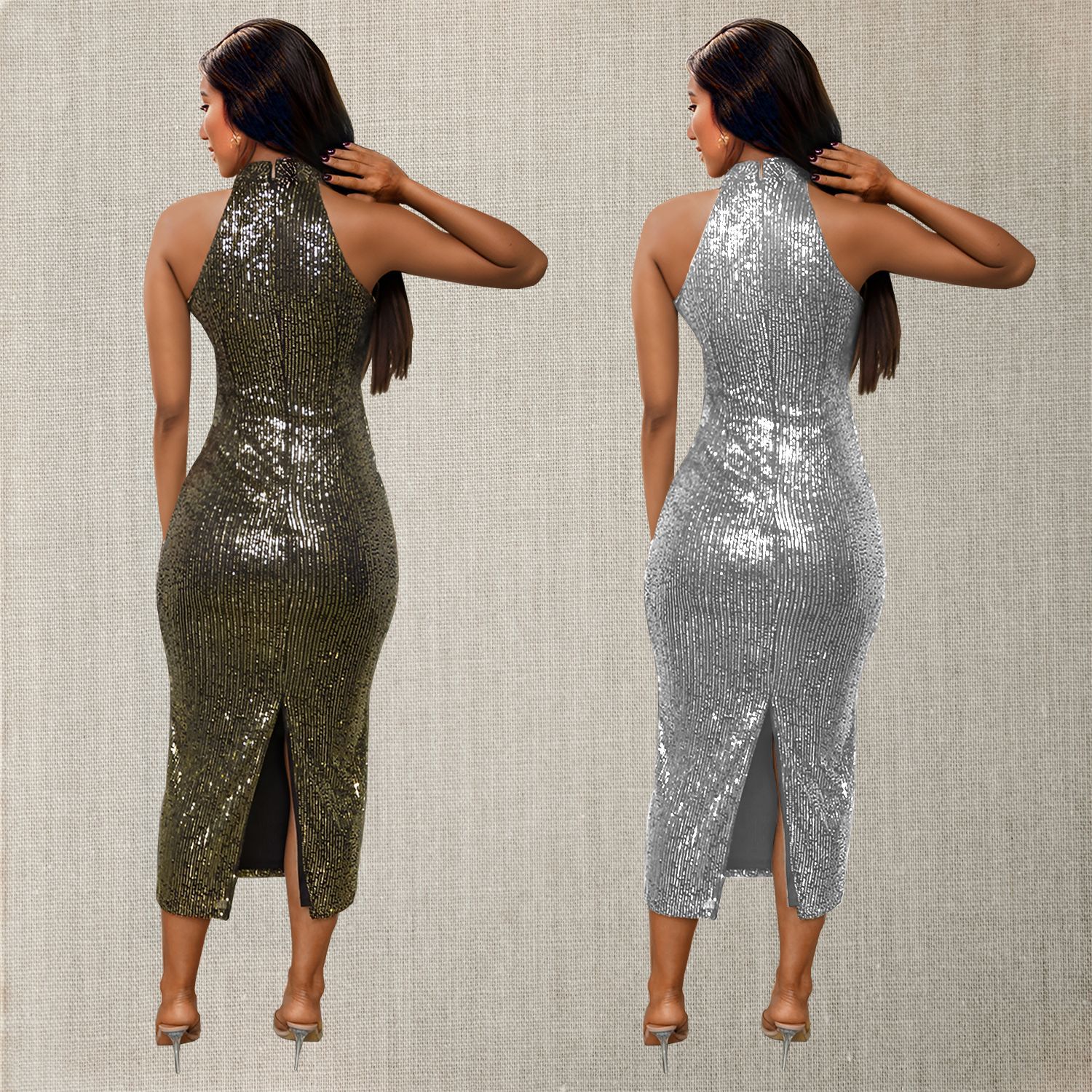 C7195 cross-border AliExpress Amazon Europa y América moda de mujer cuello colgante esquinilla ajustada sexy vestido delgado image 3