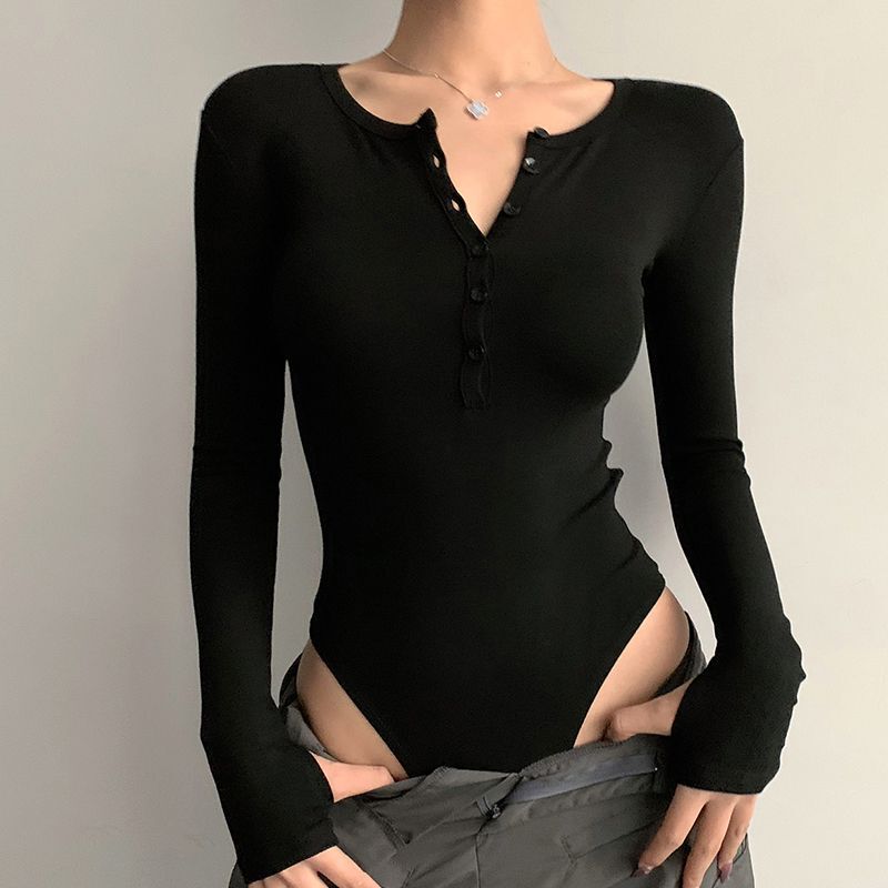 Cross-Border Foreign Trade Specializes in Dropshipping Low Round Neck Jumpsuits, Tight Slimming Look Long-Sleeved T-Shirts, Women's Bottoming Shirts and Tops