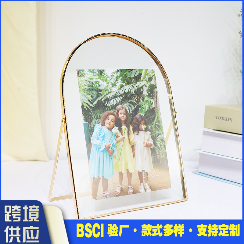 Cross-border creative double-sided transparent glass photo frame table three-dimensional round arched diy specimen metal photo frame wholesale