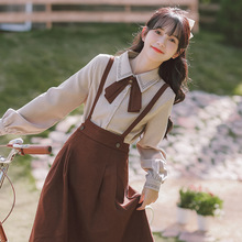 学院风法式文艺复古高级感秋冬套装女蝴蝶结衬衫背带裙一整套包邮