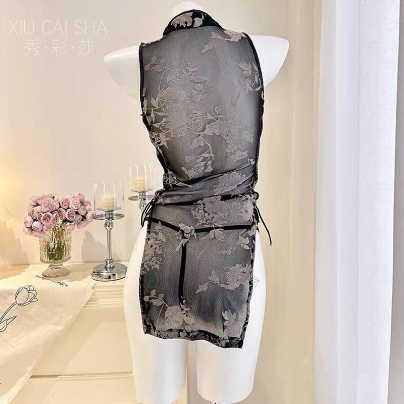 Plus-Size Qipao-Style Erotic Lingerie Set with High-Slit Skirt and Sheer Stockings, Black Polyester Uniform Costume — detail image 10