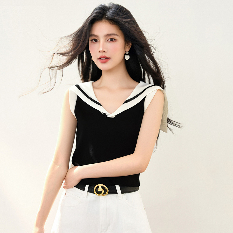 Vest Women's Outer Wear 2025 New Summer Sexy Wear Slim Black Navy Collar Sleeveless Knitwear Top