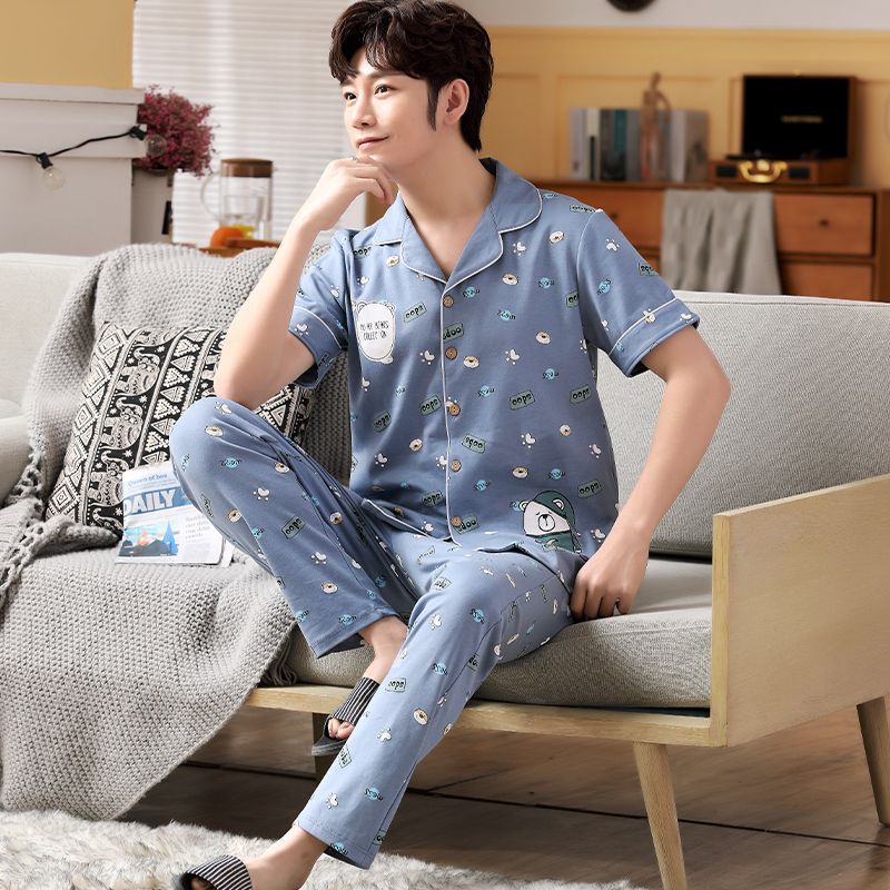 Pijama de algodón 100% de primavera y verano de los hombres pantalones de manga corta cardigan Delgado de los hombres de primavera y otoño de manga corta ropa para el hogar