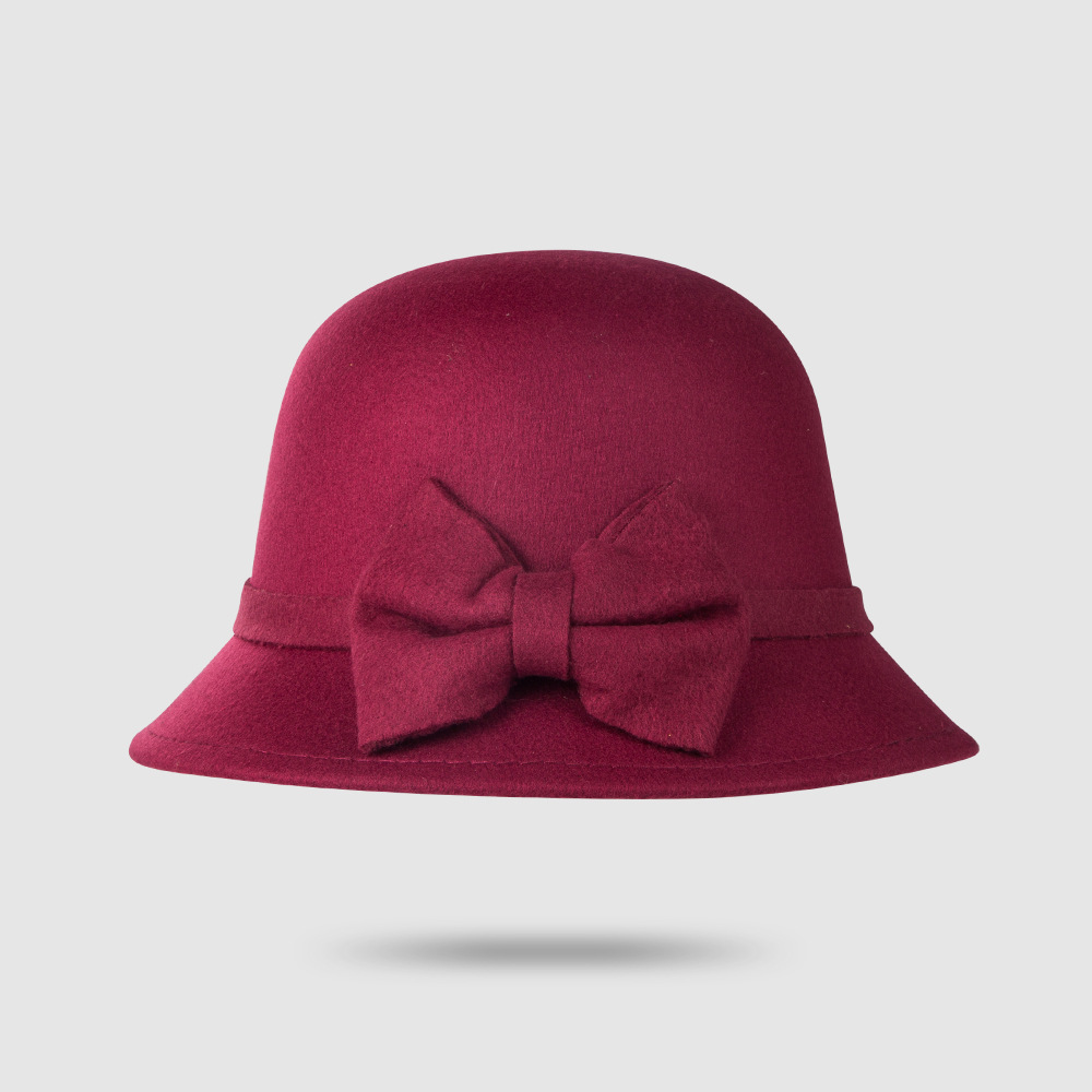 Autumn And Winter New Bow Top Hat Woolen Bowl Hat Pure Color Short Brim Hat display picture 5