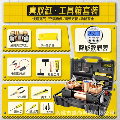 Hava nasosu | High-Pressure Inflator - gold-digital-display-with-light-metal-double-cylinder-full-copper-wire-core-with-tool-box-with-tools