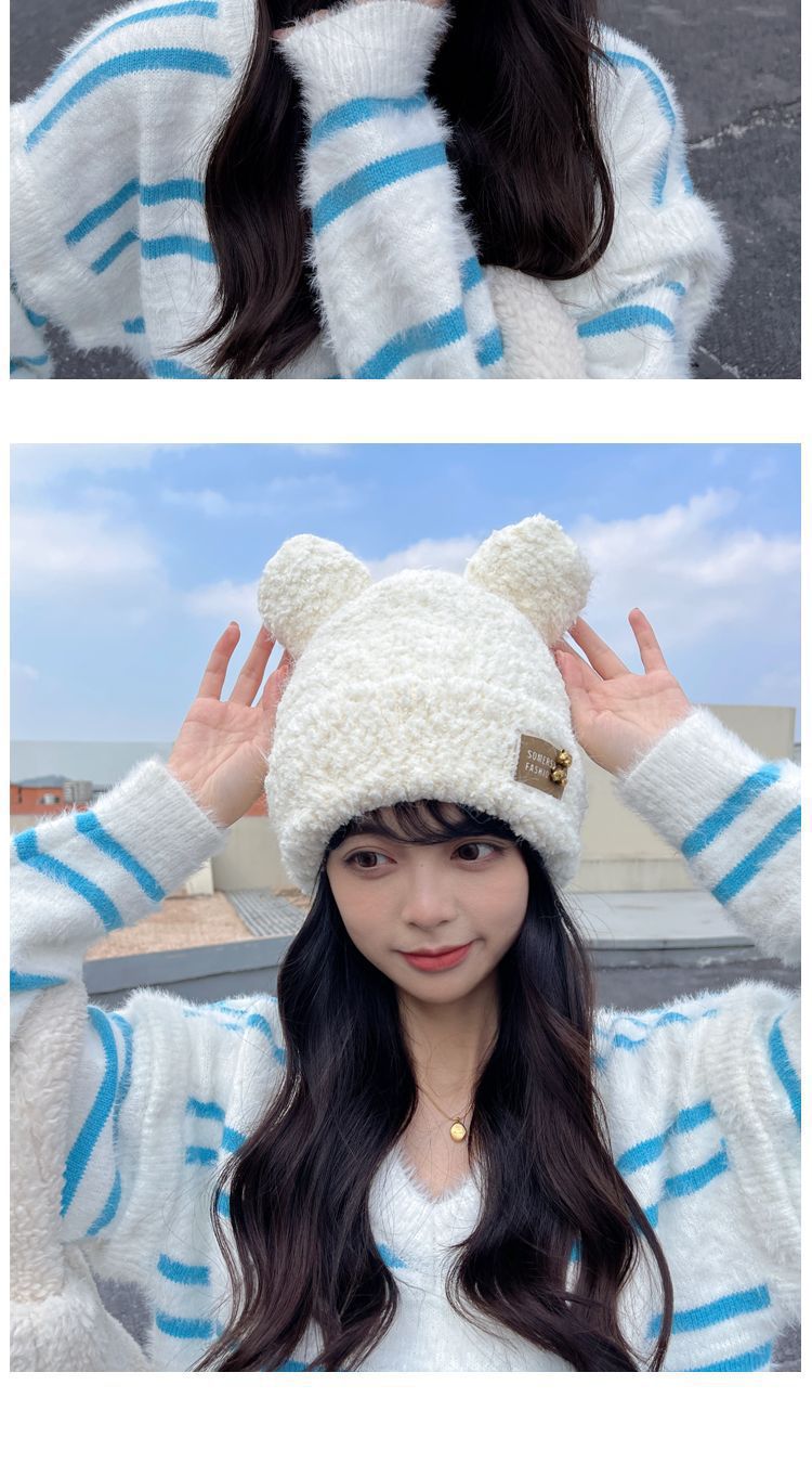 Berretto in maglia da donna con orecchie da orso peluche caldo_voghion.com