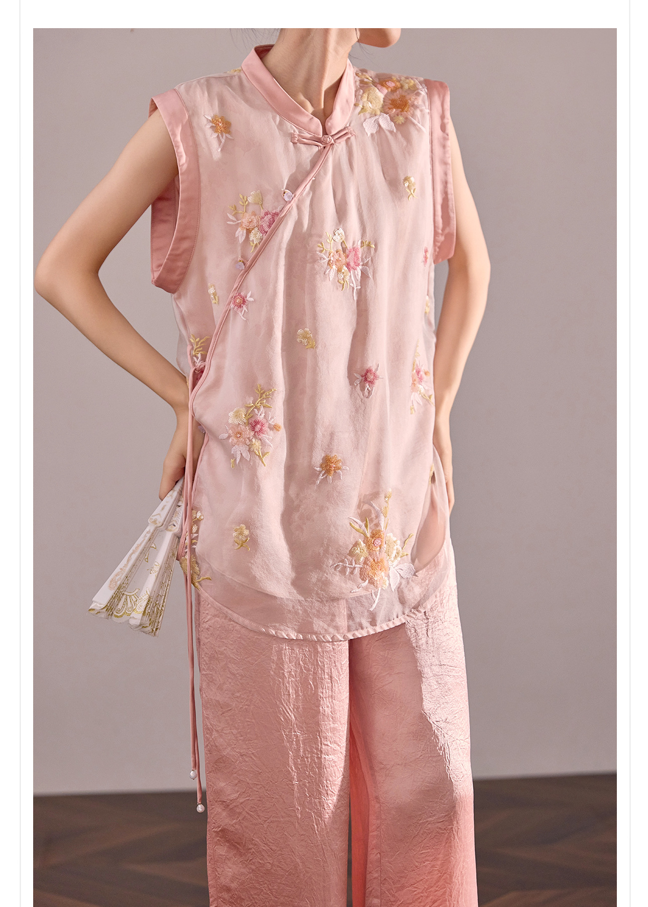 Áo vest lụa tằm thêu hoa phong cách Trung Quốc mới, thiết kế mỏng mùa hè M4007B — màu hồng chi tiết 10