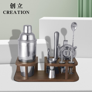 Cross-Border Stainless Steel Shaker Bamboo Wooden Rack Shaker Bar Cocktail Mixing Tools Professional Hand Shaker