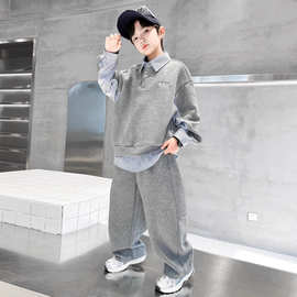 男童秋装翻领POLO衫哈伦裤套装2025新款中大童韩版宽松运动两件套