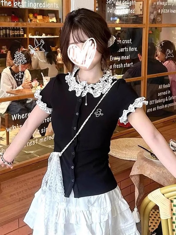 韩系甜妹花边刺绣短袖T恤女夏季新款短款修身正肩百搭休闲上衣ins|undefined