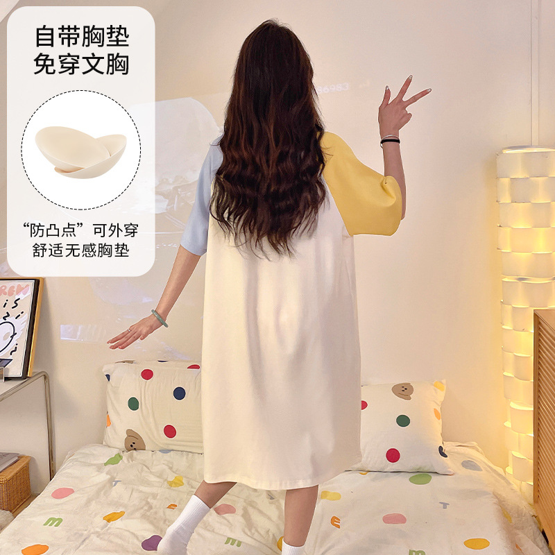 2025 nuevo perro Pachia con cojín de pecho pijama de verano mujer de algodón de cuello redondo dibujos animados lindos pijamas largos ropa para el hogar