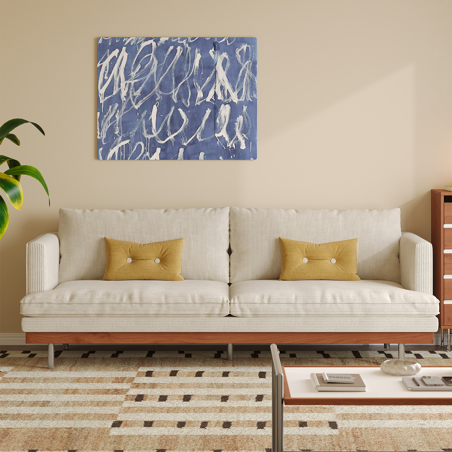 Nordic Cherry Wood Fabric Sofa Simple Living Room Small Apartment Furniture Japanese Retro Three-Seater Sofa Removable and Washable