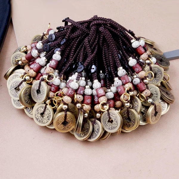 Brass Pendant with Five Emperors' Coins, Copper Coins, Copper Gourd, Hanging Rope and Accessories, Creative Keychain Chain, Small Gift