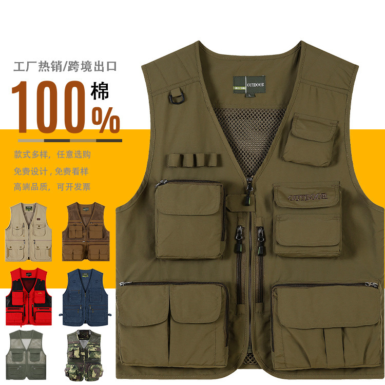 Logotipo impreso personalizado fotógrafo reportero pesca ropa de trabajo Chaleco de malla de algodón camuflaje multi-Bolsillo publicidad ropa de trabajo