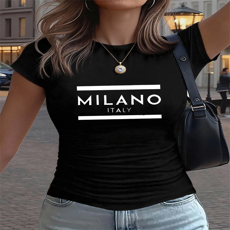 Women's Summer Vintage Y2K Pattern Print T-Shirt, Slim Fit Cropped Tee For Casual Streetwear_ecoleips.com