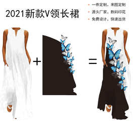2024新款夏季女装无袖长裙v领印花定制连衣裙欧美跨境外贸女装