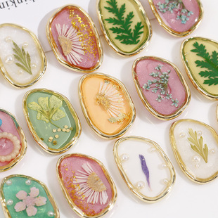 Pearl Oval quicksand particles epoxy water green leaf pink dried flower alloy accessories earrings DIY jewelry accessories