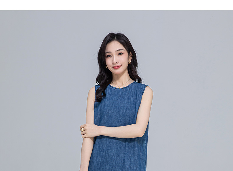 Váy denim ống thẳng cổ tròn không tay dáng rộng — Màu xanh lam chi tiết 20