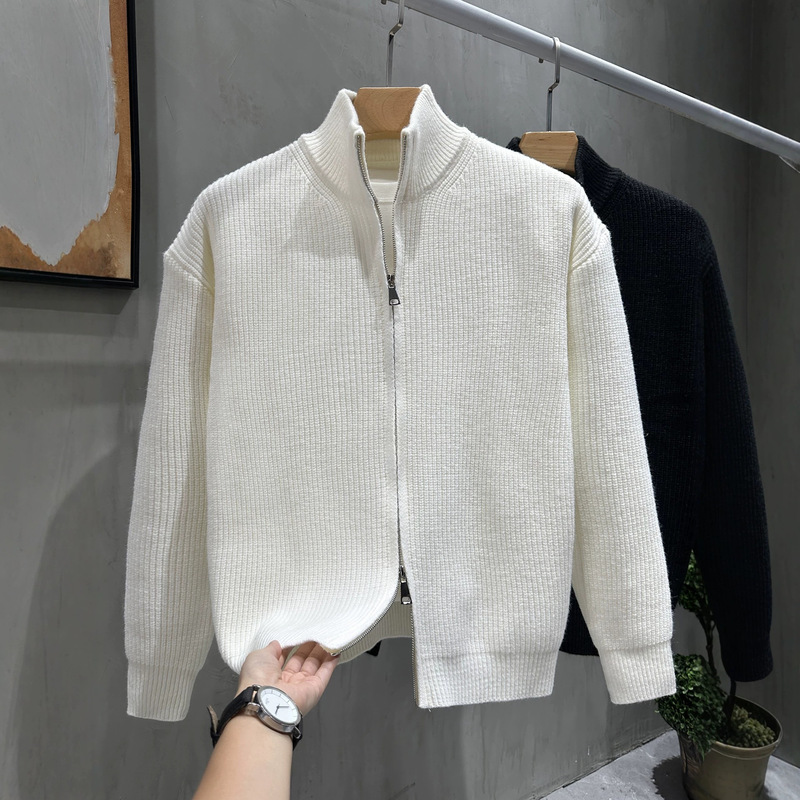 Versatile solid color zip-up cardigan for autumn and winter, popular slim-fit men's knit sweater jacket with stand-up collar