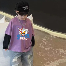 儿童长袖T恤春秋拼色新款男童韩版卡通童装打底圆领假两件上衣t恤