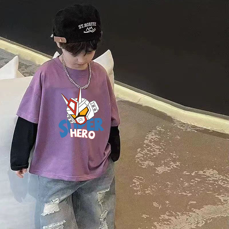 儿童长袖T恤春秋拼色新款男童韩版卡通童装打底圆领假两件上衣t恤