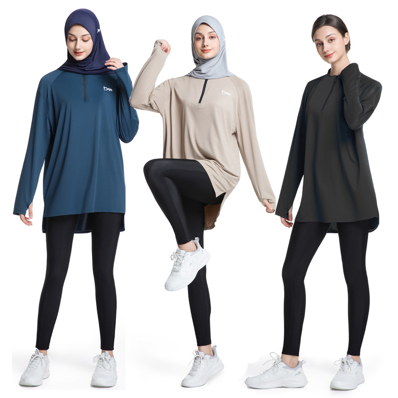Cross-Border Women's Sports Tops Quick-Drying Half-Zip Long-Sleeved Middle Eastern Arabian Yoga Wear Running T-Shirt Y031
