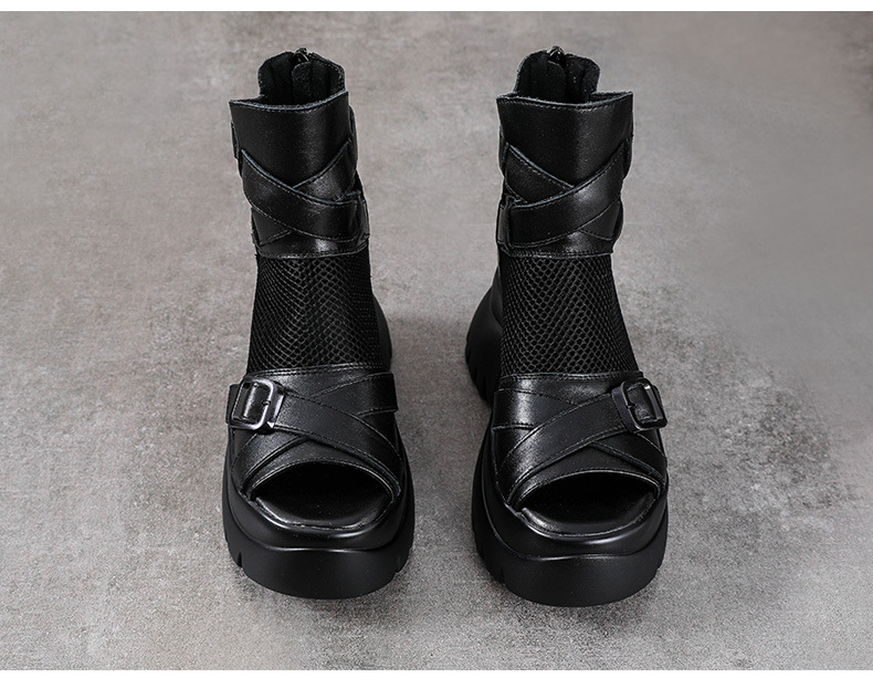 Dép sandal hở mũi nữ da bò thật quai ngang gót thấp — Màu đen chi tiết 11