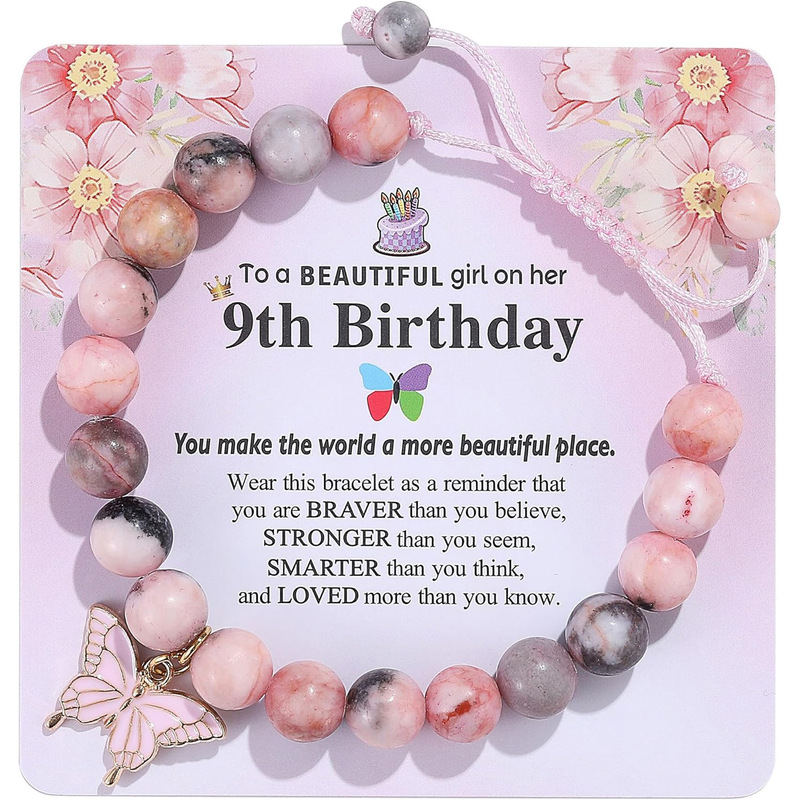 European and American Cross-border Pink Zebra Natural Stone Butterfly Charm Bracelet Birthday Bracelet Gift for Girls 6-13 Years Old