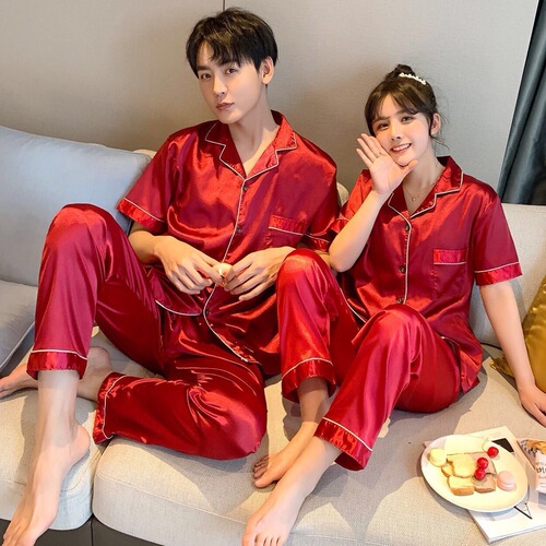 Increase the code couple's pajamas for men in spring and summer, ice silk thin short-sleeved long pants set for women, cool feeling loose home clothes