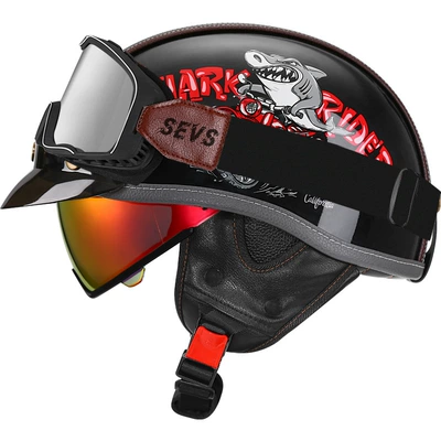 Retro Motorcycle Helmet Leather Helmet for, Motosiklet kaskı (dəbilqə) - bright-black-shark-bully-aurora-red-mirror-large-frame-goggles-m