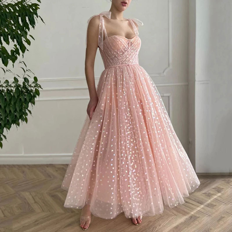 Pink Evening Dress 2022 Thin Shoulder Strap Mid-Length Prom Dress with Pocket Tea Long Wedding Party Dress Pink Evening Dress 2022 Thin Shoulder Strap Mid-Length Prom Dress with Pocket Tea Long Wedding Party Dress