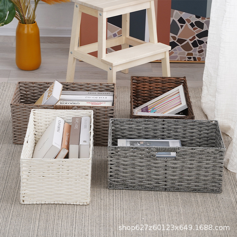 Cesta de almacenamiento de escritorio de oficina Cesta de almacenamiento tejida de ratán de imitación Libros y revistas Cesta de almacenamiento de acabado de escritorio Suministro