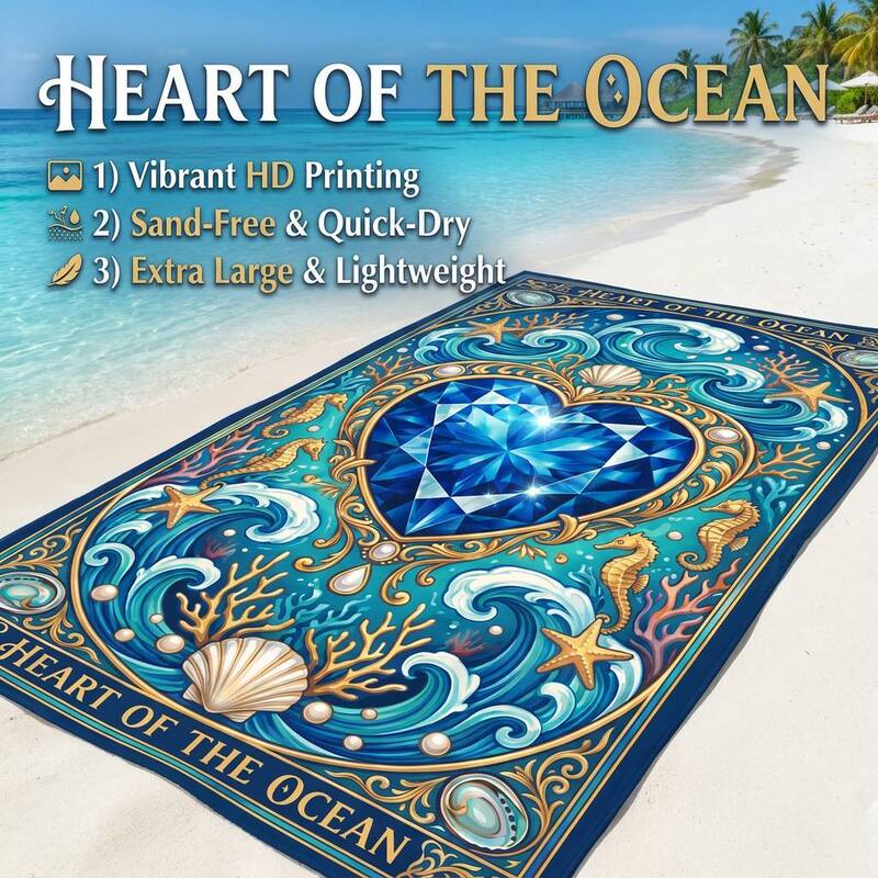 Heart of the Ocean Printed Microfiber Beach Towel, Extra Large Sand-Resistant Quick-Drying Bath Towel, Beach Mat for Seaside Swimming and Travel