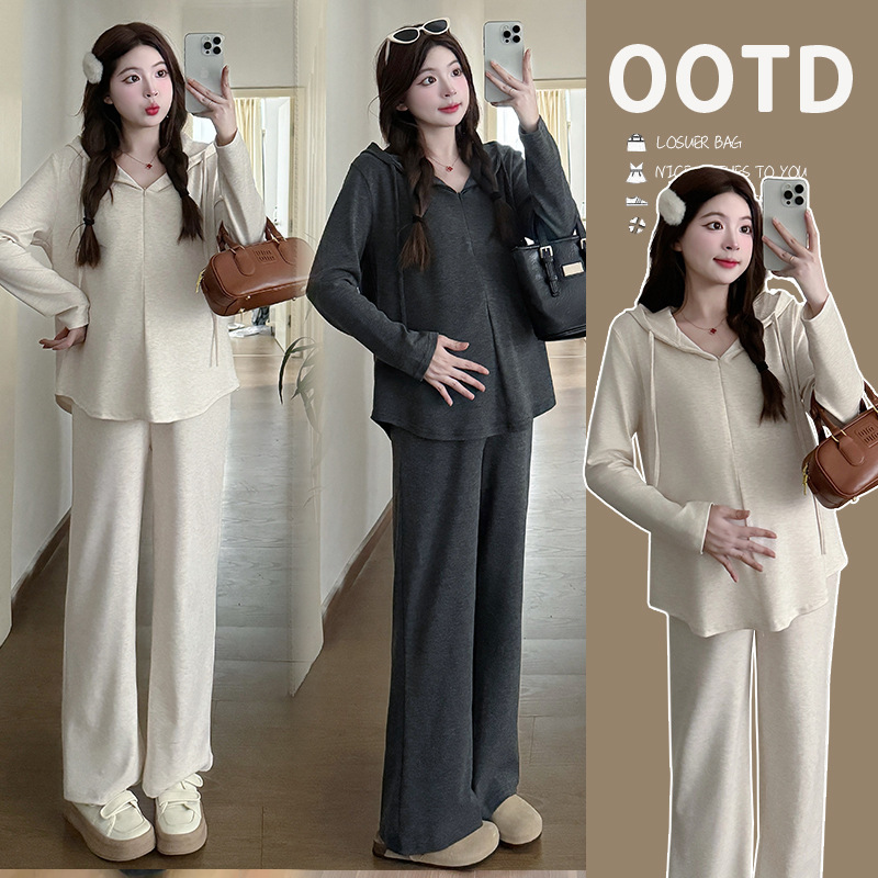 Internet famous maternity clothes new 2025 spring leisure sports lazy style half zipper hooded top casual pants suit