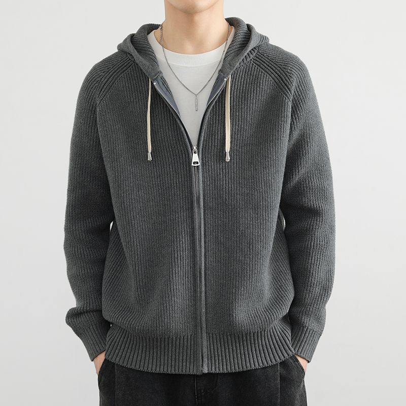 秋冬季新款高级男士时尚百搭连帽开衫毛衣纯色休闲帅气针织衫外套