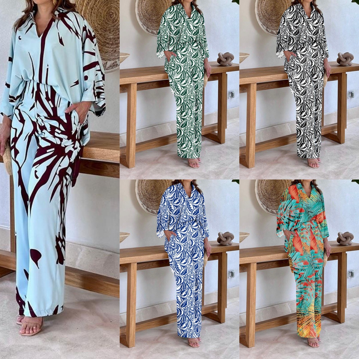 2026 European and American Women's Clothing Cross-Border Autumn and Winter Temu Amazon New Bat Sleeve Printed Two-Piece Suit for Women
