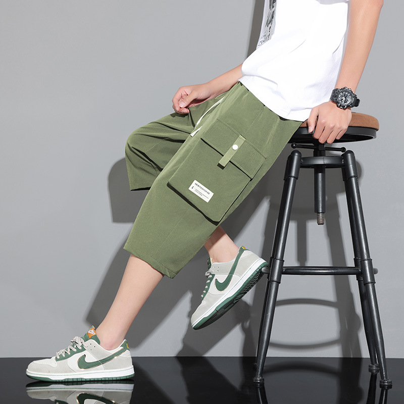 Cargo Cropped Pants Men's Summer Ice Silk Thin Loose Straight Sports Pants Summer Casual Over-the-Knee Short Pants
