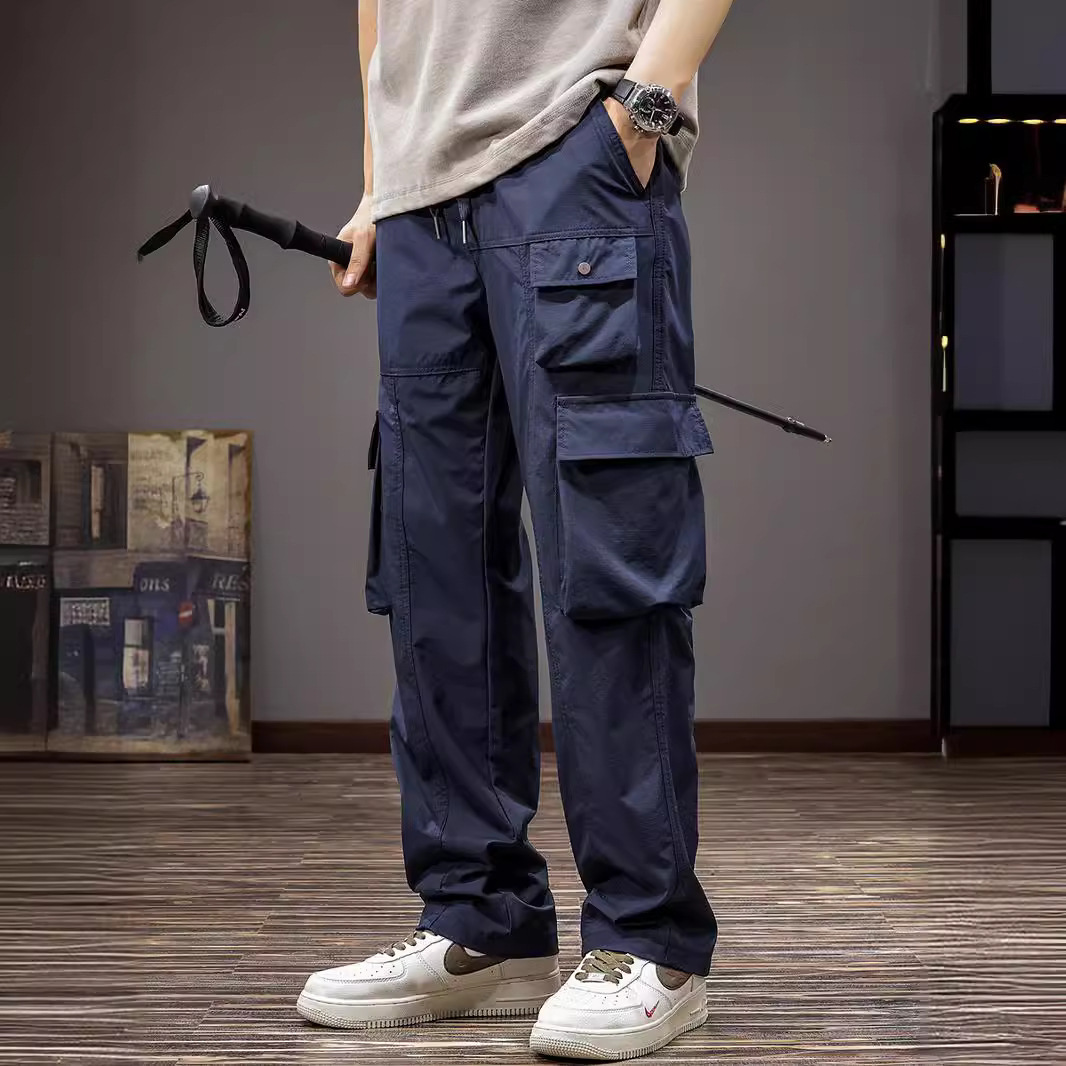 Summer Thin Ice Silk Casual Pants Men's Cool-feeling Loose Straight Long Pants American-style Multi-pocket Quick-drying Overalls Trendy