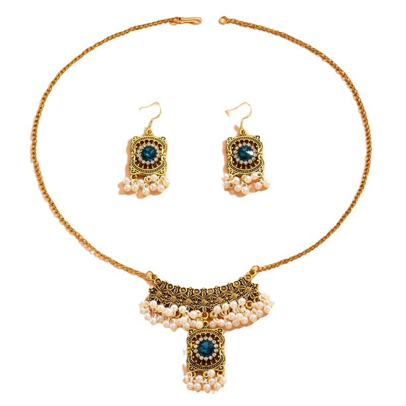 Ethnic fashionable retro necklace from pearl with tassels, earrings, ring, set, boho style, ethnic style, with gem