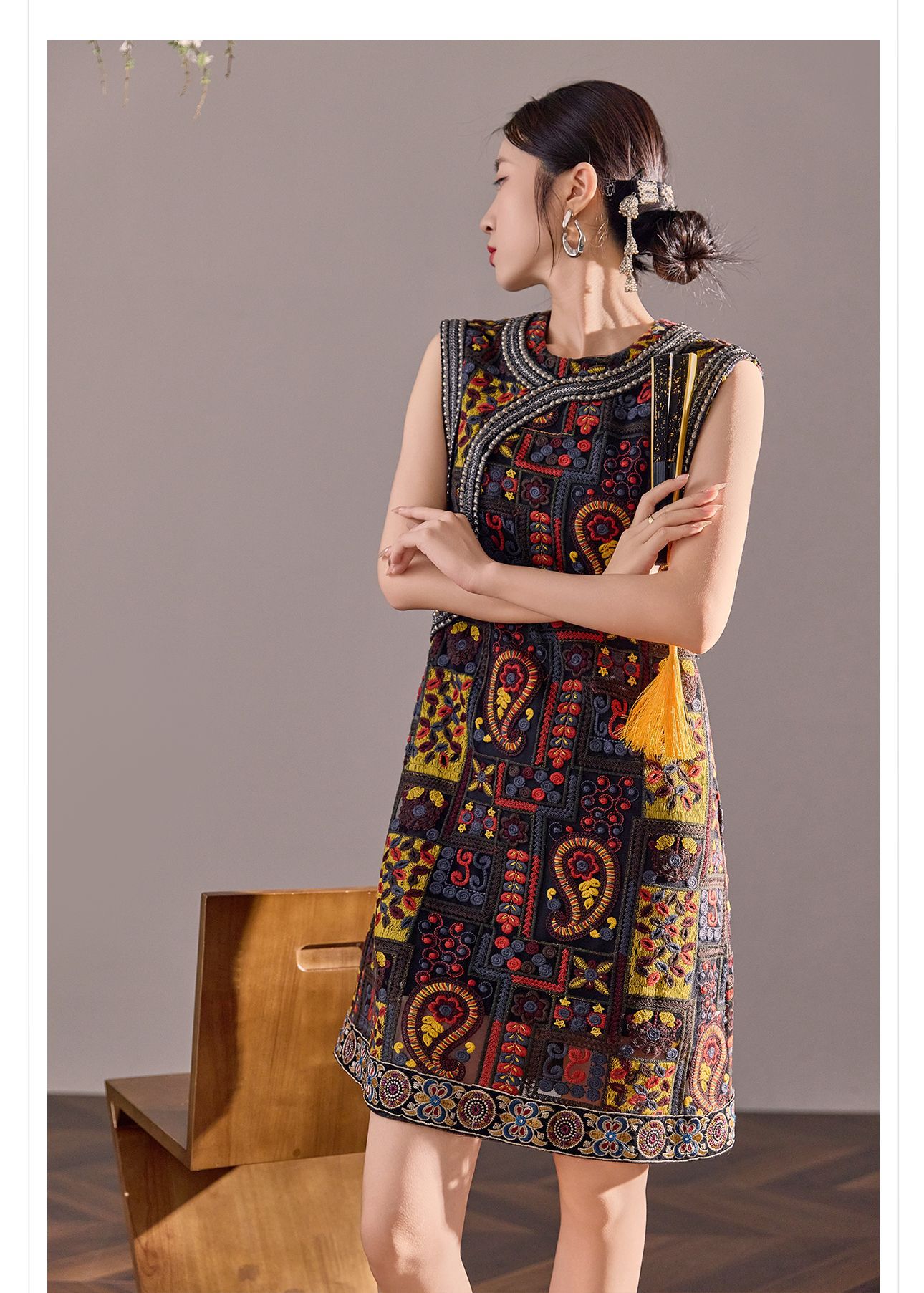 Đầm maxi nữ thêu tay phong cách Trung Hoa mới, tay ngắn, cổ tròn, chân váy dài có thể tháo rời — Màu xanh mơ chi tiết 20