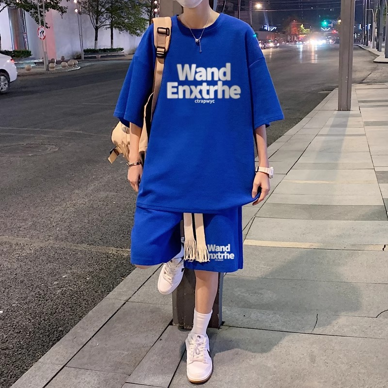 Waffle suit Men's Summer Letter Trendy Brand Short-sleeved T-shirt High Street Hong Kong Style Shorts Youth Sports Two-piece Set