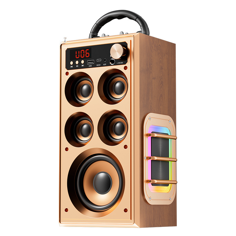 Baile cuadrado al aire libre Altavoz de madera Bluetooth Alta calidad de sonido Súper volumen Cinco altavoces Subwoofer Audio de alta potencia