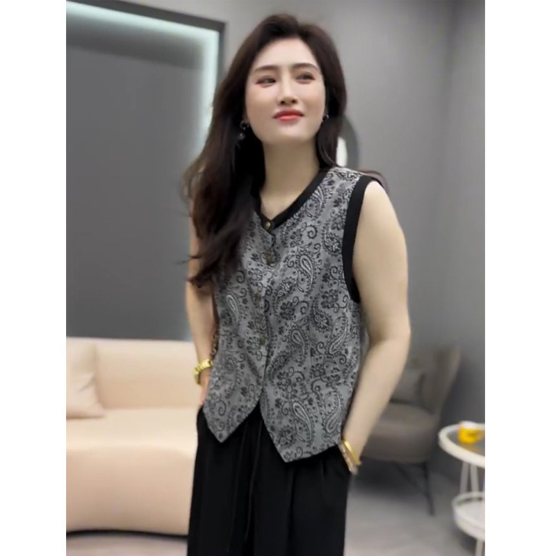 2025 夏の新レトロエスニックスタイルプリントカットスリーブ Tシャツレディースファッションデザイン超見栄えの良いノースリーブベスト|undefined