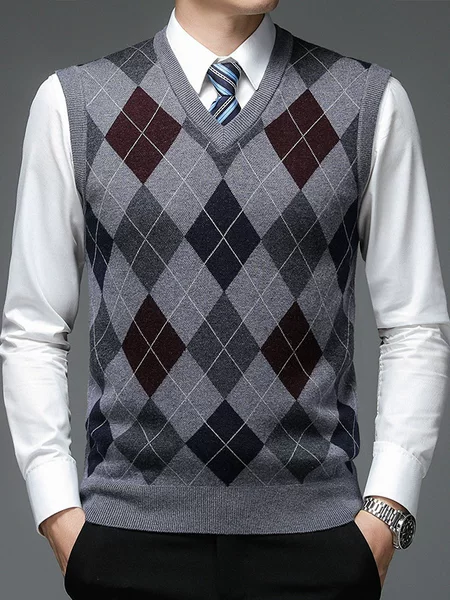 V-Neck Wool Vest Autumn and Winter Thickeneded Men's Sleeveless Diamond Plaid Knitted Vest with Jacquard Sweater Men's Waistcoat