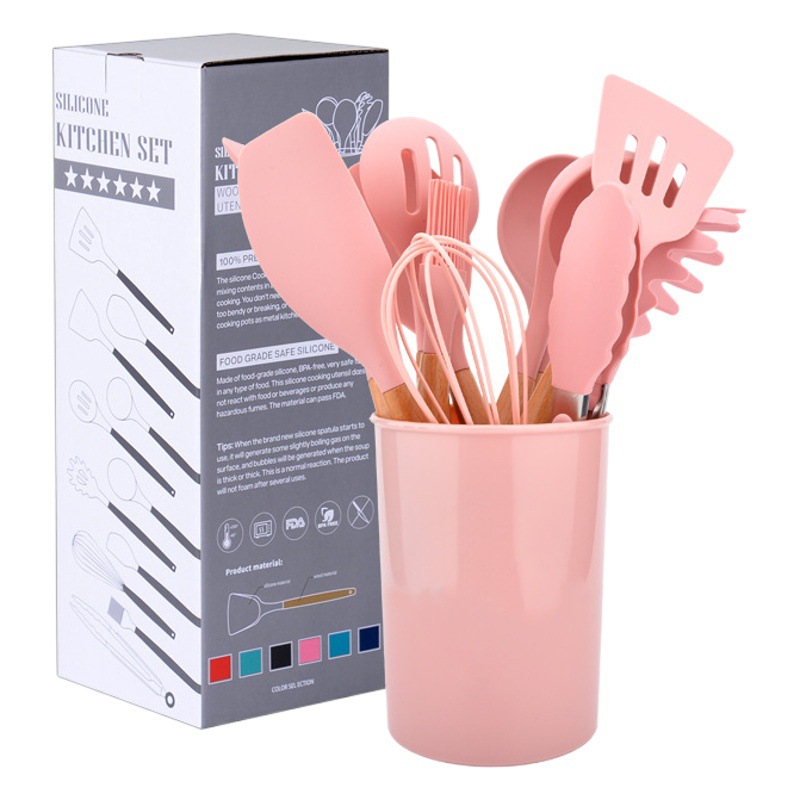 Utensilios de cocina de silicona, juego de 12 piezas para uso doméstico, espátula especial antiadherente para sartén con mango de madera, cuchara para sopa, espátula para cocinar y saltear