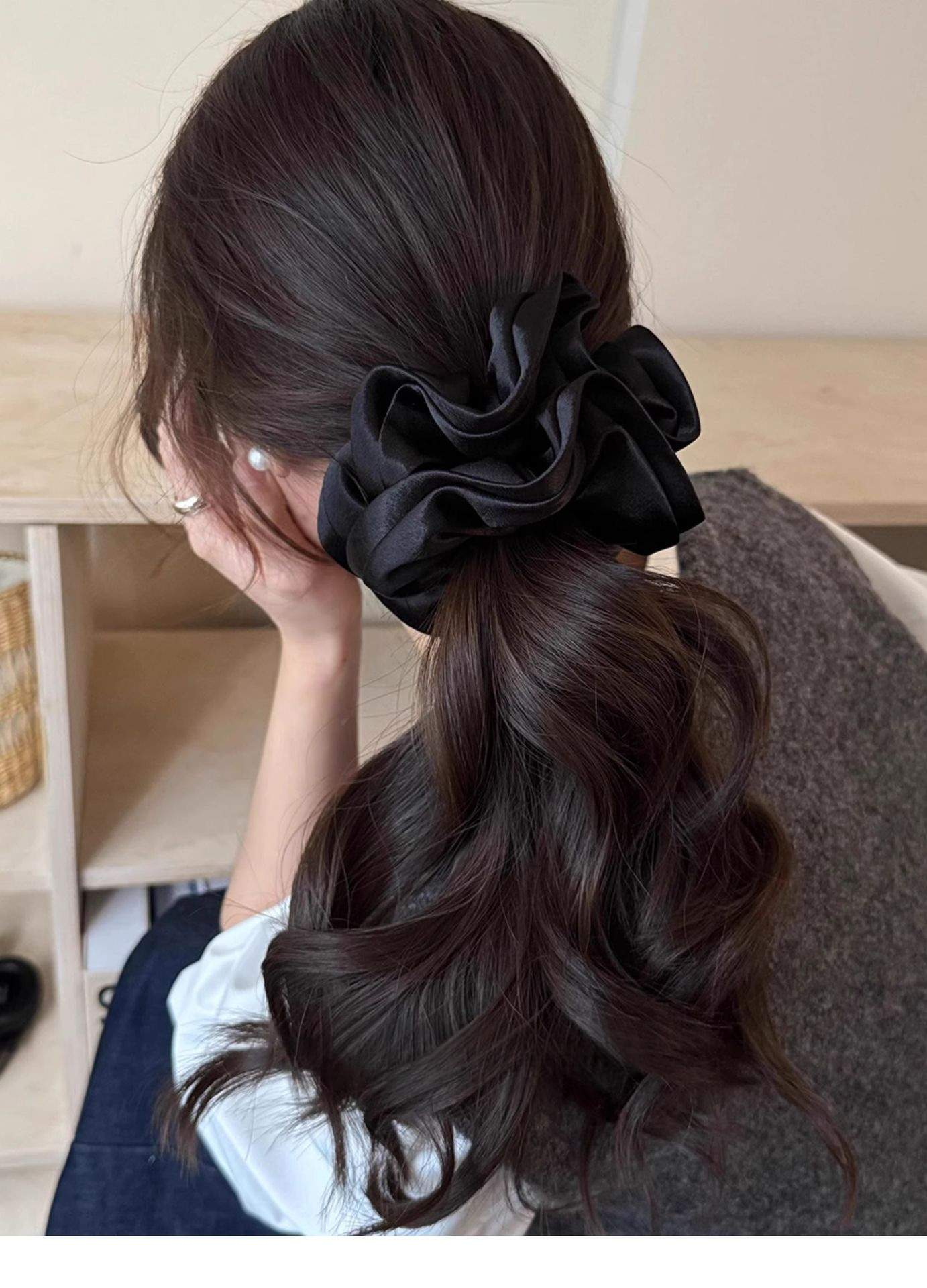 Korean Style Cyber Celebrity Pearlescent Satin Ruffled Large Intestine Hair Ring High-grade Tie Rope Women's Elegant Horseshoe Hair Rope Tie Head Flower