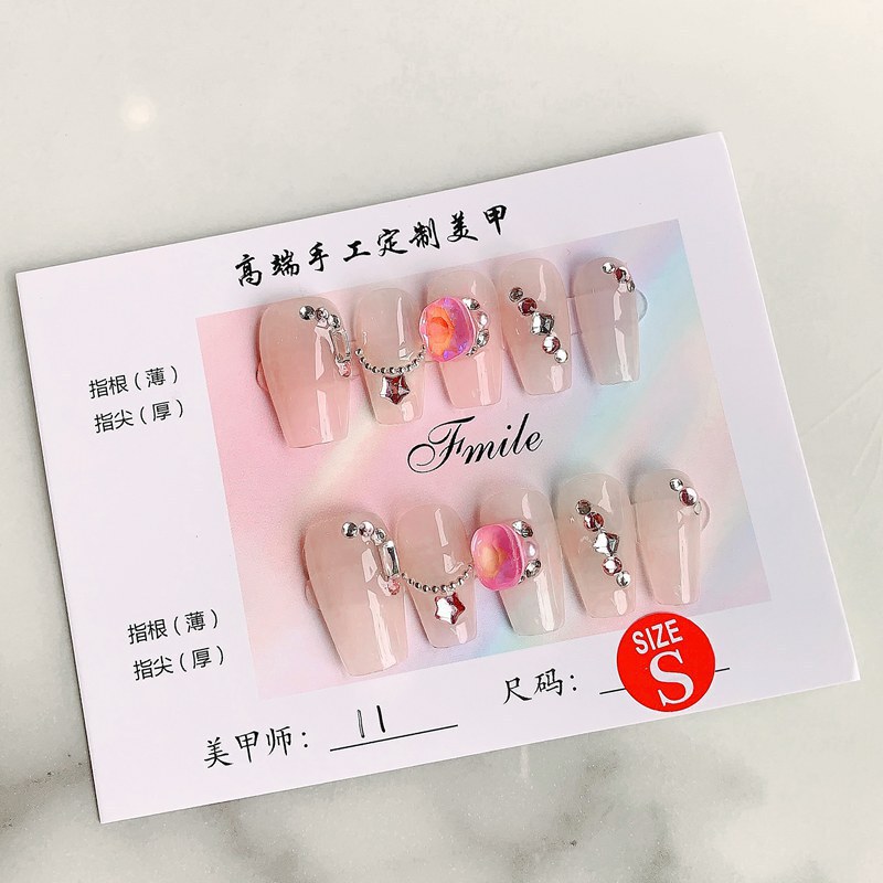 [purely Handmade Real Shot] Handmade Wearable Nails Internet Celebrity Hot Style Mocha Small Light Bulb Pink Diamond Ice Transparent Nail Patch