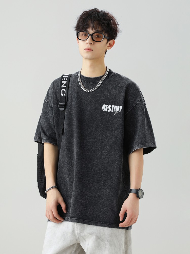 スノーフレークウォッシュ半袖Tシャツメンズ夏新作ブロークンテクスチャレタープリント半袖日本製ルーズTシャツq