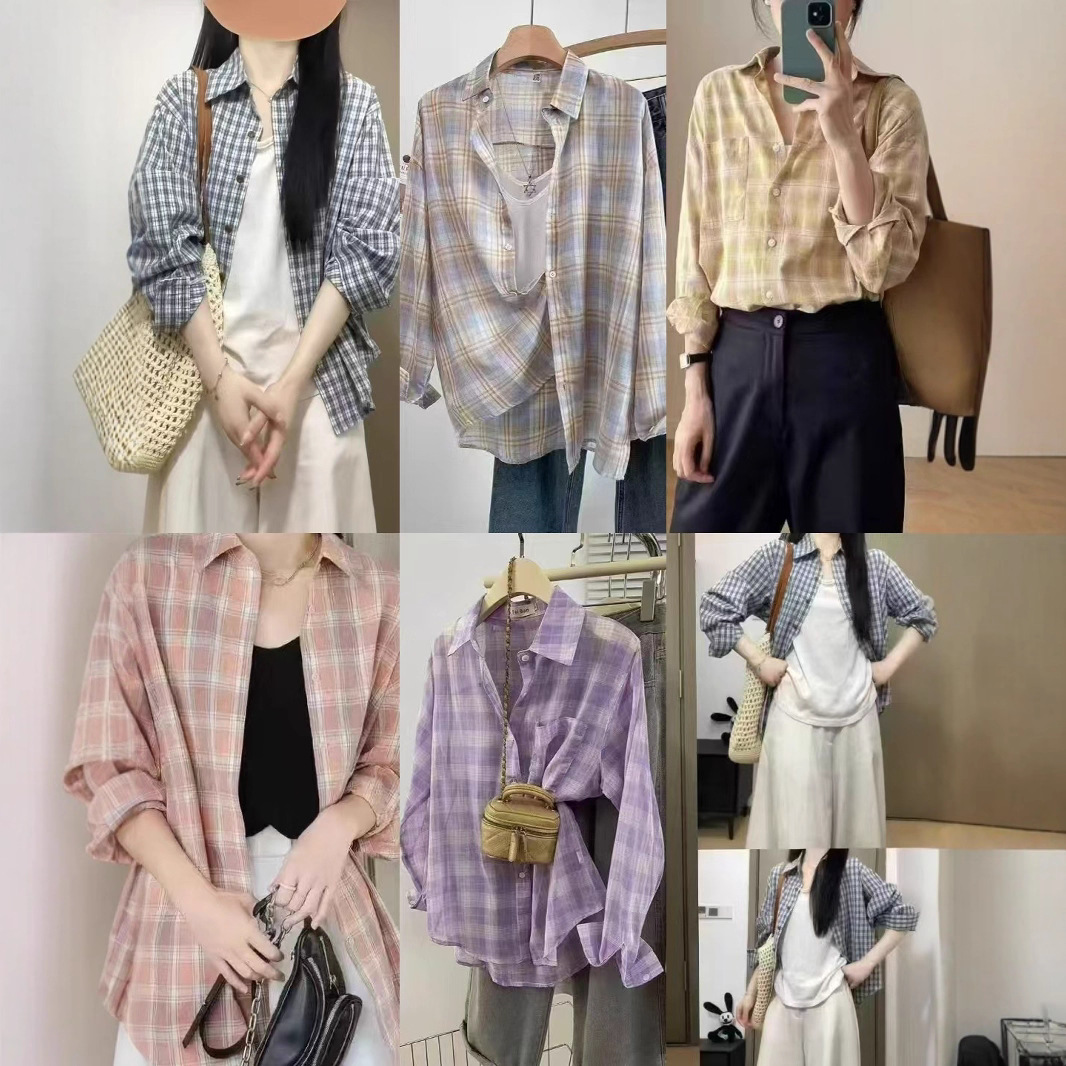 INS新款格子衬衫I女2025新款春秋季薄款防晒衣女装长袖开衫中长款