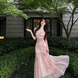 超仙度假风网纱扎染吊带修身连衣裙女夏季性感有里衬收腰鱼尾长裙